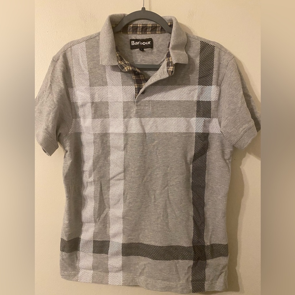 Men's Barbour Blaine Tartan Polo Shirt Grey Marl Cotton Pique Size Large
